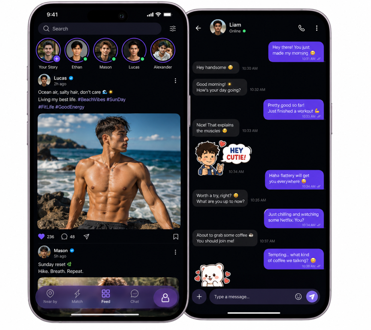 หน้าฟีดและบทสนทนาส่วนตัวในแอป Quicky